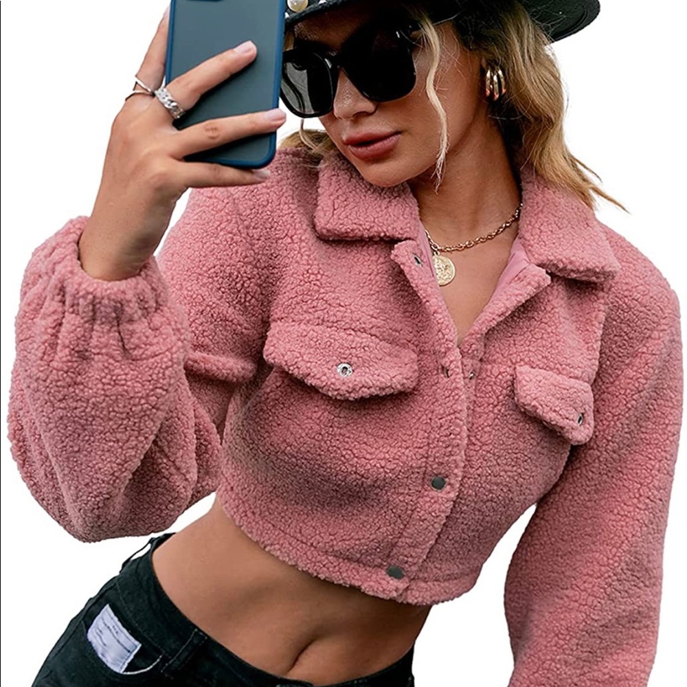 Fuzzy Fleece Jacket Cropped Button Down Lapel Sherpa Jacket Pink Blush - Picture 3 of 10